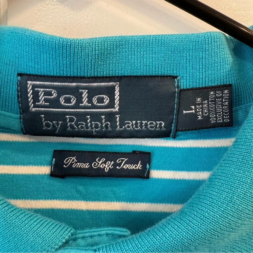 Polo by Ralph Lauren Teal and White Striped Polo‎ Shirt- Pima Soft Touch- Large